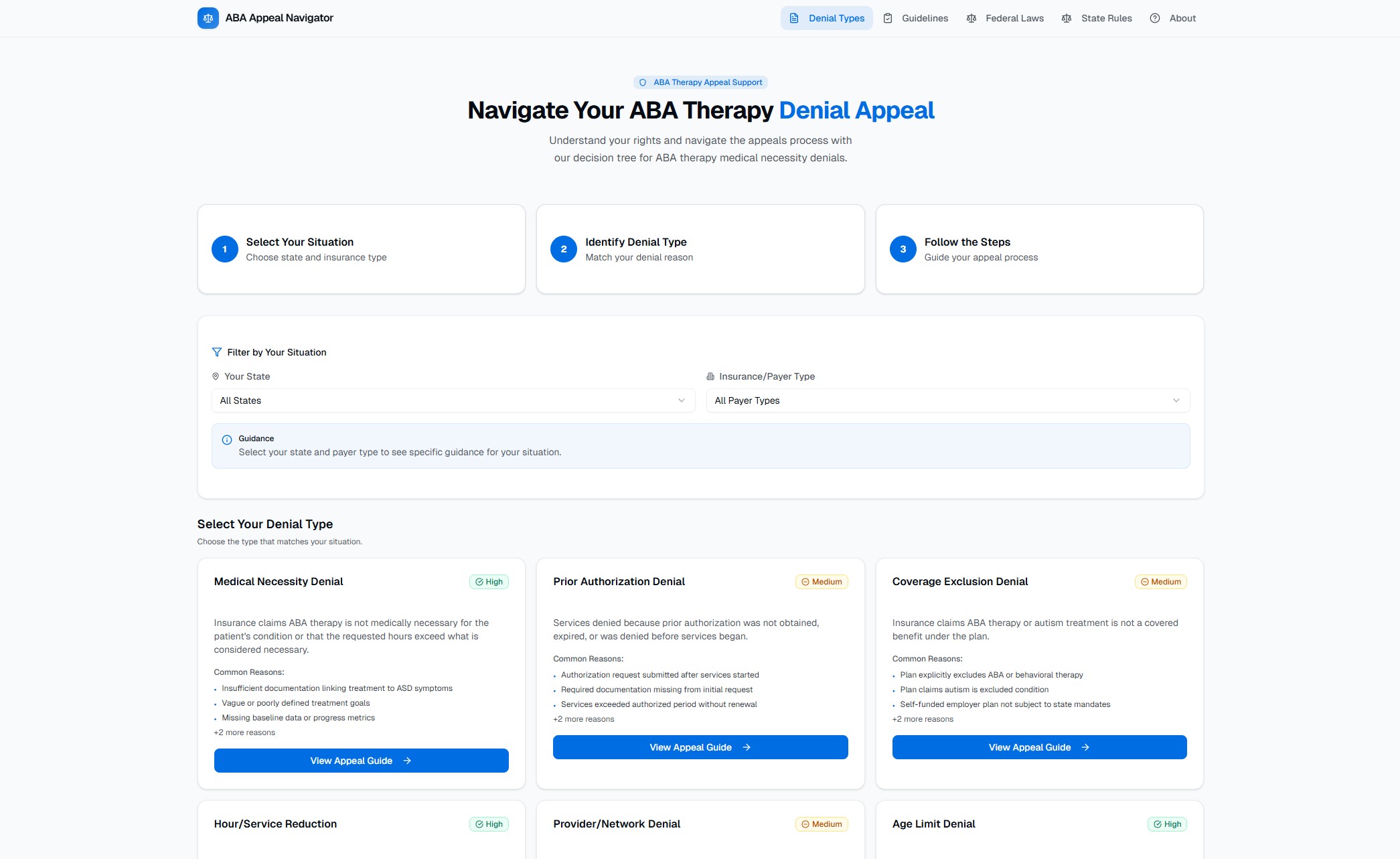 ABA Appeal Navigator showing denial types and navigation interface